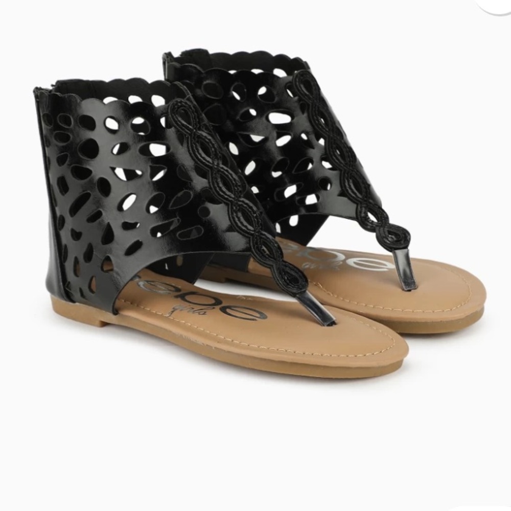 NWT BEBE GIRLS Shiny Black Perforated Cut Out Gladiator Goddess Bootie Sandals - Picture 1 of 9
